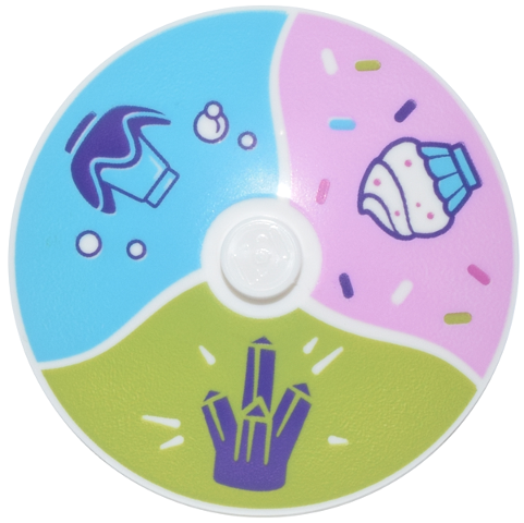 Dish 4 x 4 Inverted (Radar) with Solid Stud with Dark Purple Crystal and Flower with Cone, Cupcake with White Frosting, Sprinkles on Lime, Bright Pink and Medium Azure Background Pattern