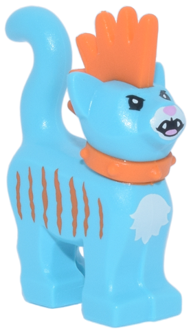 Cat, Standing with Molded Orange Spiky Mohawk and Collar and Printed Stripes, White Muzzle and Chest, Bright Pink Nose, Open Mouth with Fangs Pattern (Mo)