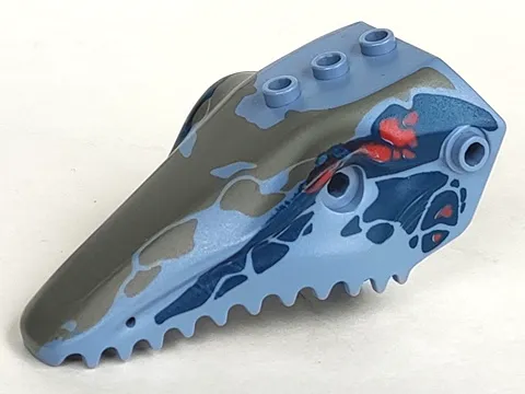 Dinosaur Head Toothed, Jaw Top with Pin with Dark Blue, Dark Gray, and Red Markings Pattern