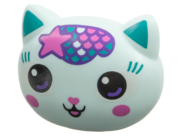 Mini Doll, Head, Modified Cat Wide with Large Eyes with Dark Purple Highlights, Dark Turquoise Eyelashes and Ears, Dark Pink Nose, Tongue, and Circles on Cheeks, Star and Scales on Forehead Pattern