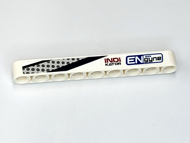 Technic, Liftarm Thick 1 x 9 with Dark Blue and Dark Red 'ENGYNE', 'INDIKATOR' and Silver Vent Pattern Model Left Side (Sticker) - Set 42109