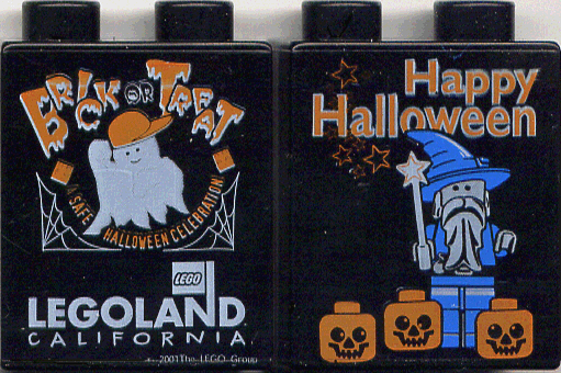 Duplo, Brick 1 x 2 x 2 with Halloween 2001 Brick or Treat / Happy Halloween Pattern (LEGOLAND Logo)
