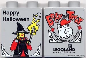 Duplo, Brick 1 x 2 x 2 with Halloween 2004 Brick or Treat / Happy Halloween Pattern (LEGOLAND logo)