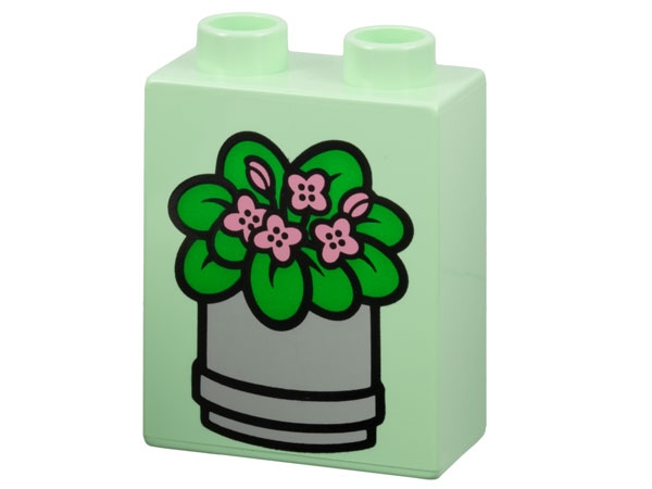 Duplo, Brick 1 x 2 x 2 with Potted Plant with Green Leaves, Pink Flowers, and Light Gray Pot Pattern