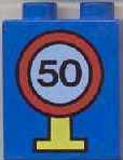 Duplo, Brick 1 x 2 x 2 with Road Sign Speed Limit 50 Pattern