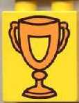 Duplo, Brick 1 x 2 x 2 with Trophy Cup with Shield, Orange Pattern