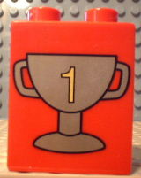Duplo, Brick 1 x 2 x 2 with Trophy Cup Number 1, Dark Gold Pattern