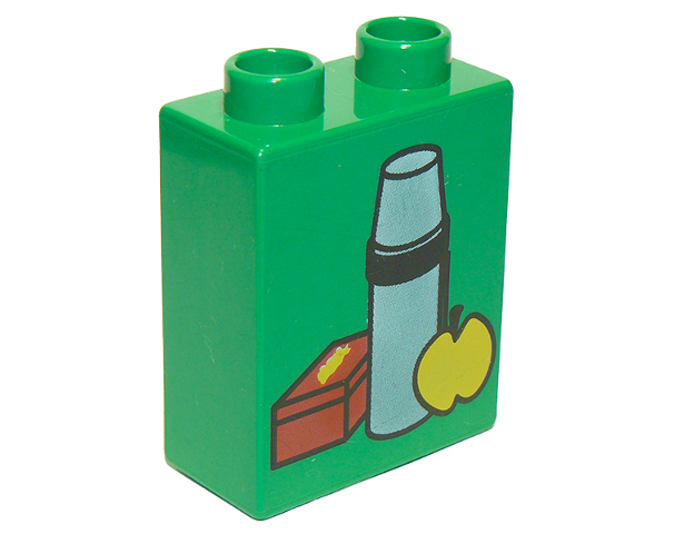 Duplo, Brick 1 x 2 x 2 with Lunch Box, Thermos, and Apple Pattern