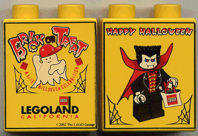 Duplo, Brick 1 x 2 x 2 with Halloween 2002 Brick or Treat / Happy Halloween Pattern (LEGOLAND Logo)