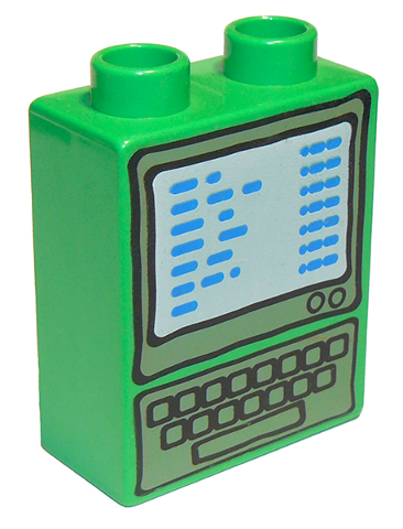 Duplo, Brick 1 x 2 x 2 with Computer Screen and Keyboard with Blue Text Pattern