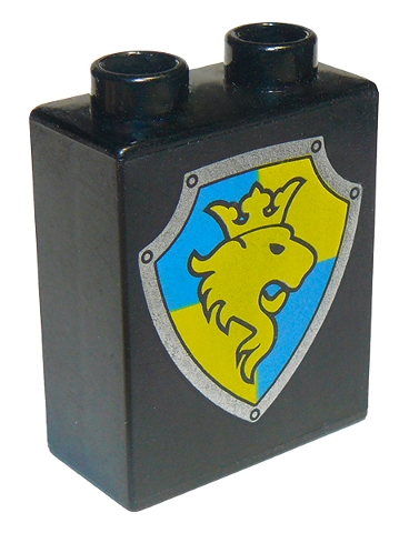 Duplo, Brick 1 x 2 x 2 with Shield - Lion and Crown on Yellow and Blue Background Pattern
