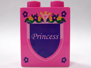 Duplo, Brick 1 x 2 x 2 with Shield - 'Princess' with Flowers Pattern
