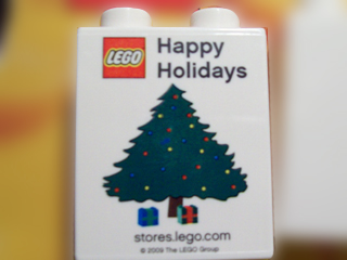 Duplo, Brick 1 x 2 x 2 with Happy Holidays Christmas Tree stores.lego.com 2009 Pattern