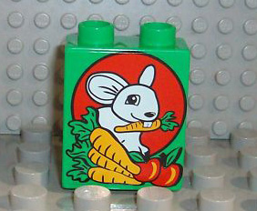 Duplo, Brick 1 x 2 x 2 with Bunny / Rabbit and Carrots Pattern