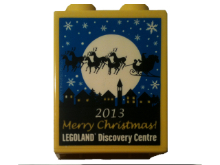 Duplo, Brick 1 x 2 x 2 with LEGOLAND Discovery Centre, '2013 Merry Christmas!', Moon, Snowflakes, Skyline, and Santa's Sleigh with Reindeer Pattern