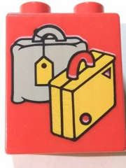 Duplo, Brick 1 x 2 x 2 with Suitcases Yellow and Light Gray Pattern