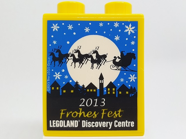 Duplo, Brick 1 x 2 x 2 with Frohes Fest 2013 LEGOLAND Discovery Centre Santa's Sleigh Pattern