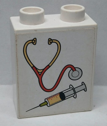 Duplo, Brick 1 x 2 x 2 with Stethoscope / Syringe Pattern (Sticker) - Set 9226