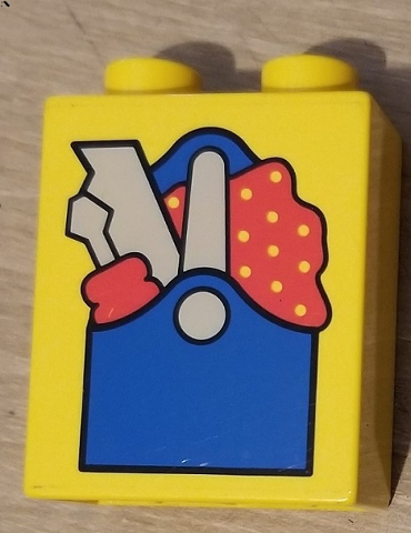 Duplo, Brick 1 x 2 x 2 with Blue Tool Box with Screwdriver and Saw Pattern