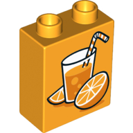 Duplo, Brick 1 x 2 x 2 with Oranges and Glass of Orange Juice with Straw and Bubbles Pattern