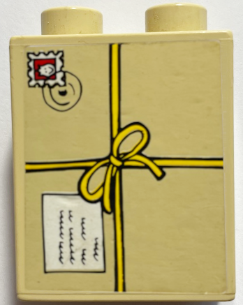 Duplo, Brick 1 x 2 x 2 with Tied Parcel with Postmark Pattern (Sticker) - Set 9207