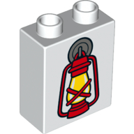 Duplo, Brick 1 x 2 x 2 with Red Lantern with Flame Pattern