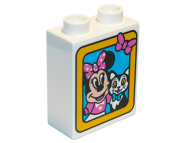 Duplo, Brick 1 x 2 x 2 with Minnie Mouse and Cat in Yellow Frame Pattern