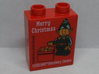Duplo, Brick 1 x 2 x 2 with Merry Christmas LEGOLAND Discovery Centre Elf 2018 Pattern