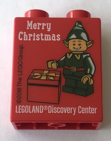 Duplo, Brick 1 x 2 x 2 with Merry Christmas LEGOLAND Discovery Center Elf 2018 Pattern