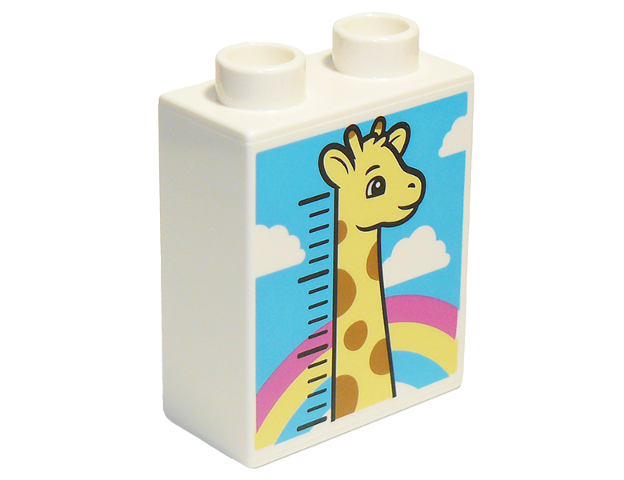 Duplo, Brick 1 x 2 x 2 with Bright Light Yellow Giraffe Height Chart, Clouds, and Rainbow Pattern