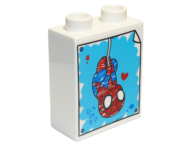 Duplo, Brick 1 x 2 x 2 with Drawing of Spider-Man Hanging with Red Heart Pattern