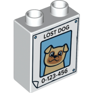 Duplo, Brick 1 x 2 x 2 with 'Lost Dog', Tan Dog on Poster, and '0-123-456' Phone Number Pattern