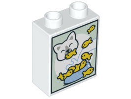 Duplo, Brick 1 x 2 x 2 with Cat Eating Gold Fish Kibble and Milk in Medium Blue Food Bowl Pattern