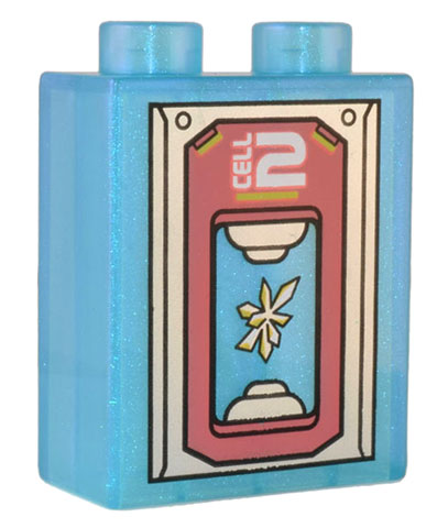 Duplo, Brick 1 x 2 x 2 with Silver and Coral Panel Holding White and Yellow Crystal Specimen and White 'CELL 2' Pattern