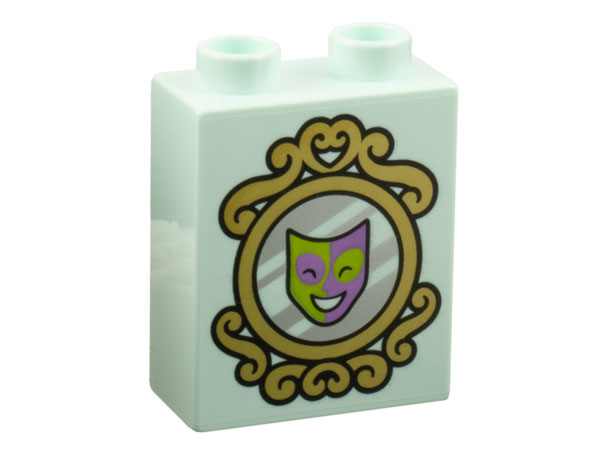Duplo, Brick 1 x 2 x 2 with Magic Mirror with Gold Frame, with / without Lime and Medium Lavender Face Pattern on Opposite Sides