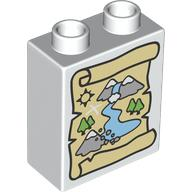 Duplo, Brick 1 x 2 x 2 with Map of Mountains, River and Trees on Tan Scroll Pattern