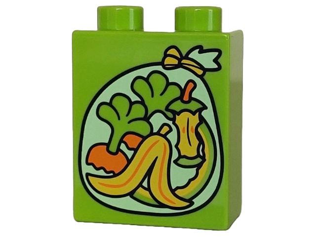 Duplo, Brick 1 x 2 x 2 with Yellowish Green Garbage Bag with Fruit and Vegetable Organic Waste, Banana Peel, Apple Core, Melon Rind, Carrot Stems Patt