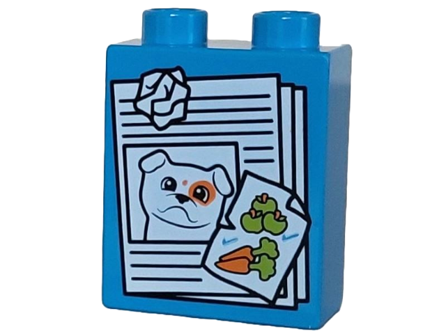 Duplo, Brick 1 x 2 x 2 with White Paper with Dog and Orange and Lime Apples and Carrots Pattern (Paper Waste / Garbage)