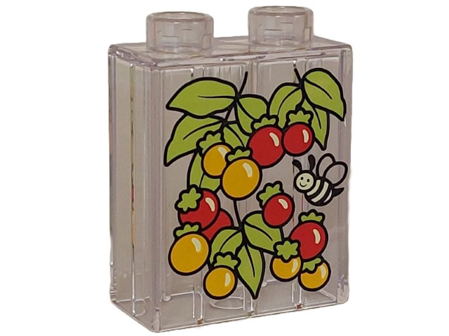 Duplo, Brick 1 x 2 x 2 with Red and Bright Light Orange Berries, Lime Leaves and Bright Light Yellow and Black Bee Pattern