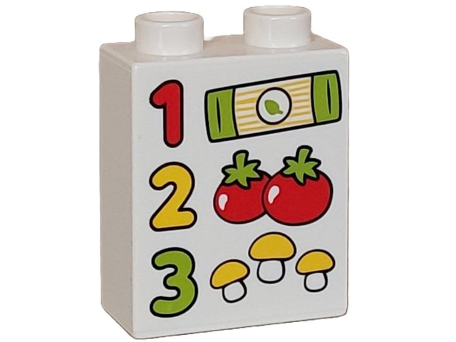 Duplo, Brick 1 x 2 x 2 with Red, Yellow, and Lime Numbers 1, 2, and 3, Recipe with Spaghetti, Tomatoes, and Mushrooms Pattern