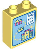 Duplo, Brick 1 x 2 x 2 with Map, Coral Buildings and White Bus Timetable with Blue '8.00', '8.15', '8.30' and Border on Medium Blue Background Pattern