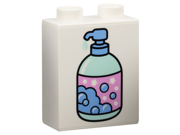 Duplo, Brick 1 x 2 x 2 with Medium Blue, Light Aqua, and Dark Pink Liquid Soap Pump with Bubbles and Stars Pattern