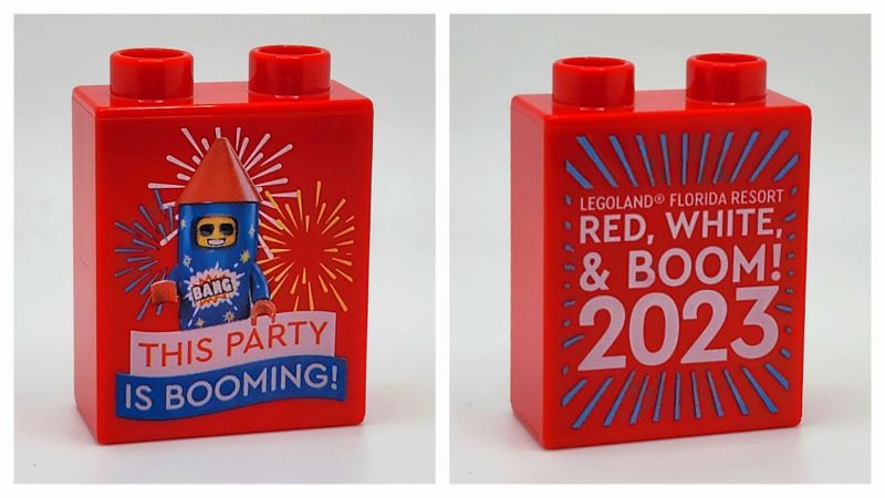 Duplo, Brick 1 x 2 x 2 with 'THIS PARTY IS BOOMING!' and 'RED, WHITE, & BOOM! 2023' LEGOLAND Florida Resort Pattern