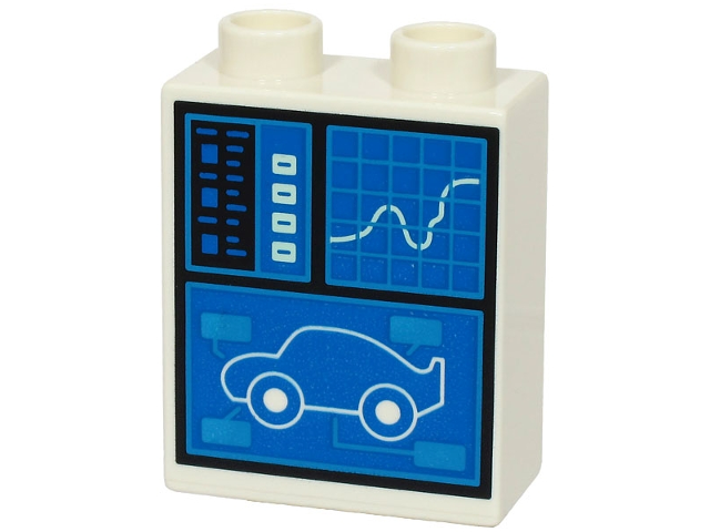 Duplo, Brick 1 x 2 x 2 with Blue Control Screen with Car, Chart and Graph Pattern