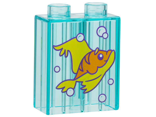 Duplo, Brick 1 x 2 x 2 with Orange and Yellow Fish and White Bubbles with Dark Purple Outlines Pattern