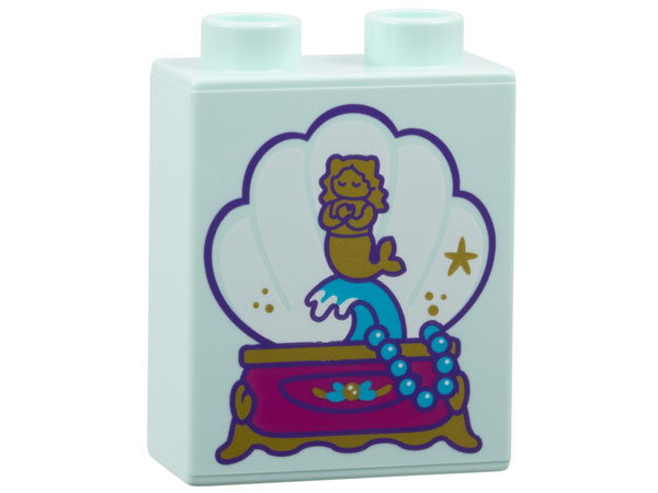 Duplo, Brick 1 x 2 x 2 with Magenta and Gold Jewelry Box, White Shell, Dark Azure Necklace and Mermaid on Wave Pattern