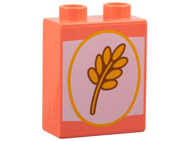 Duplo, Brick 1 x 2 x 2 with Bright Light Orange Wheat Spike in Oval on White Background Pattern