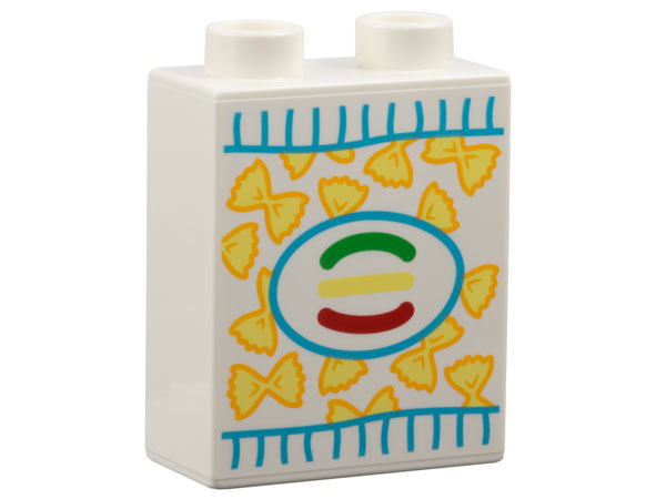 Duplo, Brick 1 x 2 x 2 with Box Label, Bright Light Yellow Farfalle Bow Tie Pasta Pattern