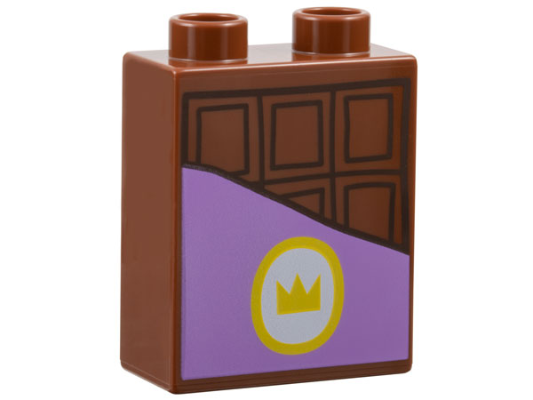 Duplo, Brick 1 x 2 x 2 with Chocolate Bar, Medium Lavender Label with Gold Oval and Crown Pattern