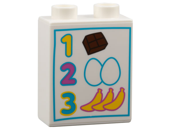 Duplo, Brick 1 x 2 x 2 with Numbers 1, 2, 3, Chocolate, Eggs and Bananas Pattern